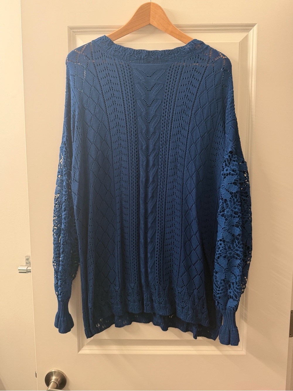Women's oversized Navy Blue Crochet-Sleeve Crewneck Sweater
